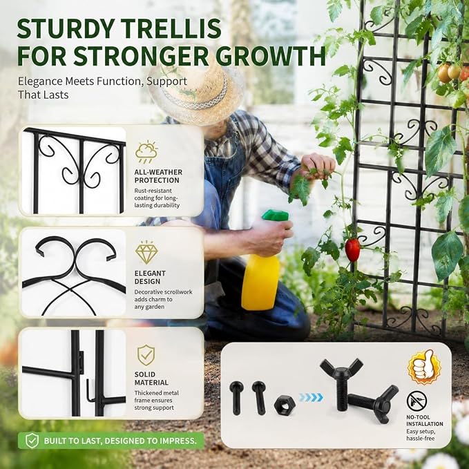 4-Pack 71" Black Metal Garden Trellises with Butterfly Design | Set of 4 black metal trellises with butterfly arch tops, scrollwork, spiked legs, and support for roses, vines, or veggies