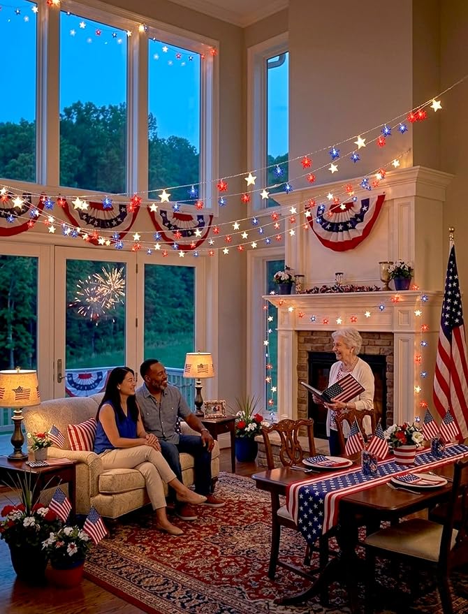 12Ft 4th of July String Lights, 20L LED Red White and Blue Star Lights Plug in for Patriotic Home Porch Mantel Classroom Backyard Tree Decor, Independence Day Decorations, Indoor and Outdoor Use