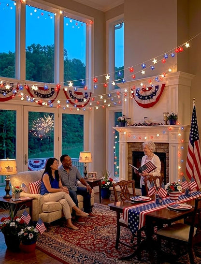 12Ft 4th of July String Lights, 20L LED Red White and Blue Star Lights Plug in for Patriotic Home Porch Mantel Classroom Backyard Tree Decor, Independence Day Decorations, Indoor and Outdoor Use