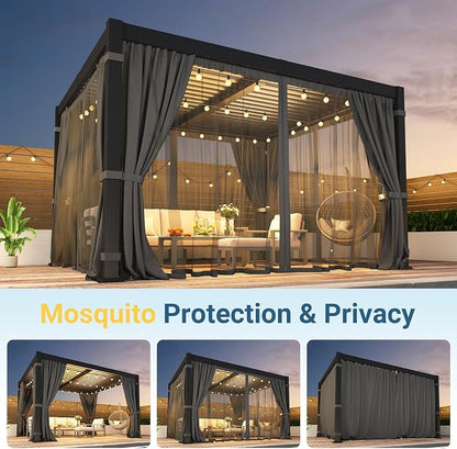 10' x 12' Louvered Pergola, Aluminum Frame Outdoor Pergola with Adjustable Louvered Roof, Curtains & Netting, Patio Hardtop Gazebo with Gutter System for Deck, Garden, Yard, Dark Gray