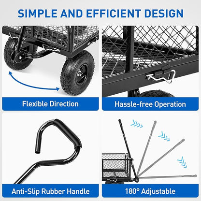 Yesker Steel Garden Carts - 800lbs Dump Wagon with All Terrain Inflatable Wheels for Yard Lawn Farms Gardening - Heavy Duty Utility Outdoor Hauling Wheelbarrow