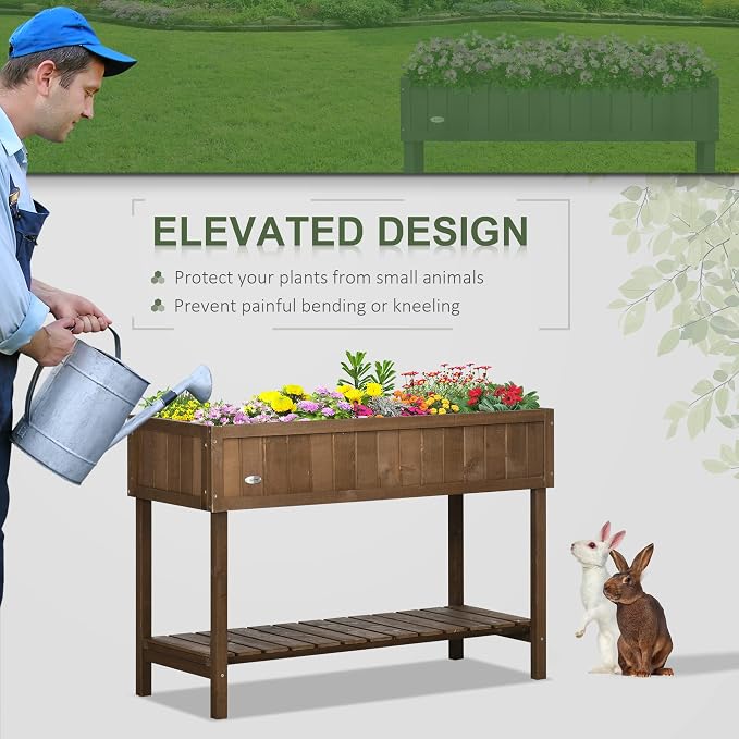 Outsunny 43x18x30in Raised Garden Bed with 8 Pockets and Shelf, Wooden Elevated Planter Box with Legs to Grow Herbs, Vegetables, and Flowers, Dark Brown