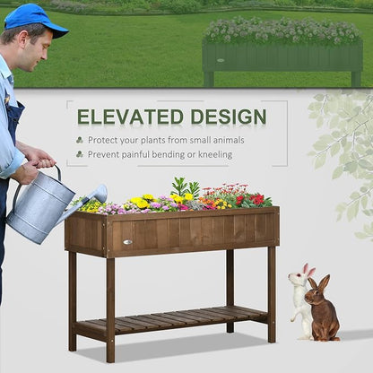 Outsunny 43x18x30in Raised Garden Bed with 8 Pockets and Shelf, Wooden Elevated Planter Box with Legs to Grow Herbs, Vegetables, and Flowers, Dark Brown