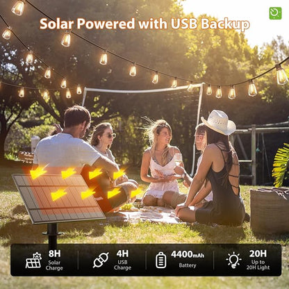 KYY 102FT(96+6) Solar String Lights Outdoor with USB Port Remote Control, LED Waterproof Solar Powered Patio with 32 Sockets, Heavy-Duty and UL Listed Porch Market Lights