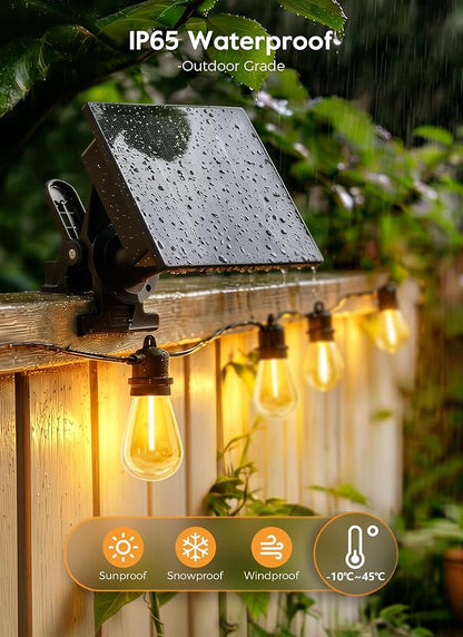 Minetom 34FT Solar String Lights Outdoor Waterproof, 9 LED S14 Shatterproof Bulb, Patio Lights with Remote Type-C Port Timable, 3 Light Modes Dimmable Solar String Lights for Outside, Yard, Camping