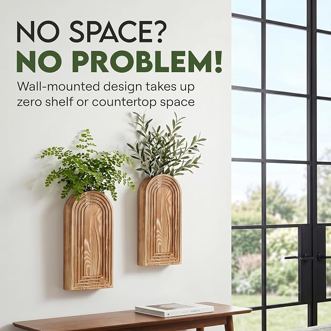 Wooden Wall Planter Vase Set of 2 - Natural Wood Wall Vases for Flowers & Decor - Wall Decor Farmhouse Walls Art for Hallway, Entryway, Bathroom, Living Room
