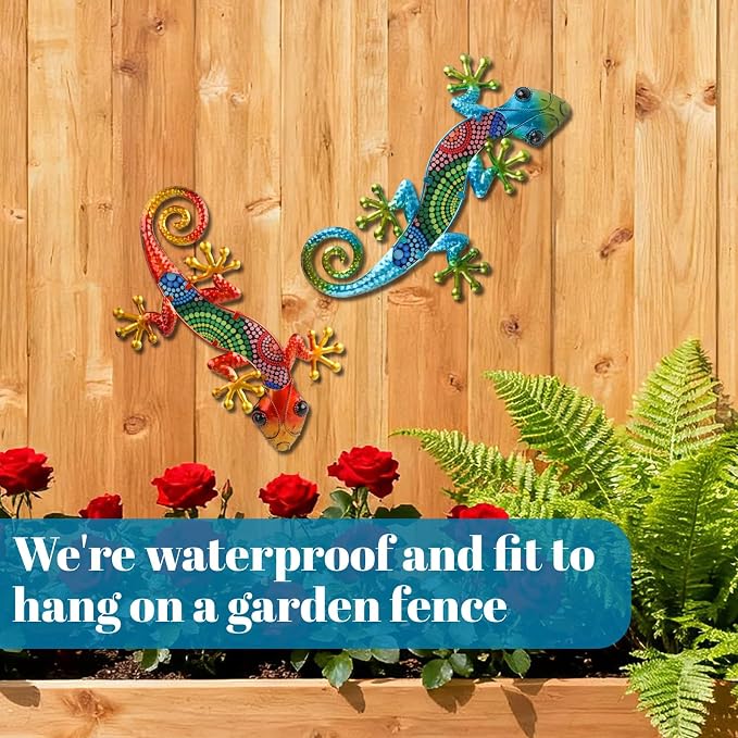WANFSOWO 3D Metal Gecko Wall Art, Hand-Painted Colorful Lizard Wall Sculpture, Indoor Outdoor Hanging Decor for Garden Fence Patio Porch Backyard, Home Decor Gift (Style 1)