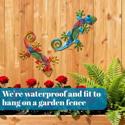 WANFSOWO 3D Metal Gecko Wall Art, Hand-Painted Colorful Lizard Wall Sculpture, Indoor Outdoor Hanging Decor for Garden Fence Patio Porch Backyard, Home Decor Gift (Style 1)