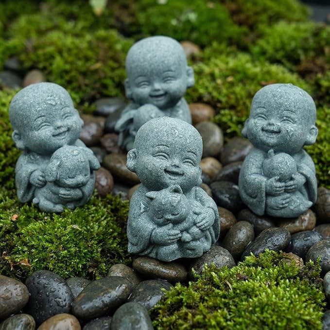 4pcs Mini Buddha Statue with Animal Companion, Aquarium Decor, Feng Shui Zen Monk Sandstone Sculpture, Cute Small Fish Tank Ornament for Home Garden, Buddha Decoration