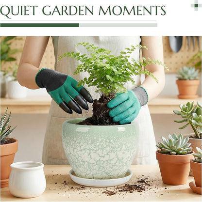 8.3 Inch Ceramic Planter with Saucer Leak-Proof Mesh &Drainage, Round Plant Pot with Gardening Gloves for Indoor Outdoor Plants (Jade Green)