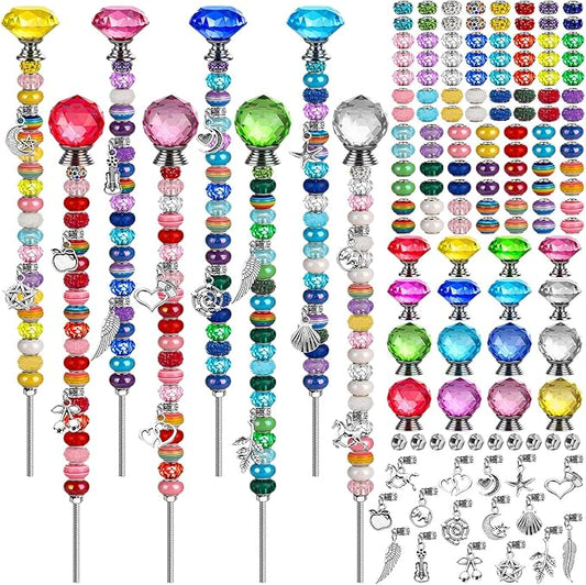 336 Pcs Beaded Garden Stakes DIY Fairy Wand Kit | 272 Colorful Assortment Round Large Hole Beads, Sparkling Silver Crystal Pendants, Stopper Top, For Outdoor Beadable Items