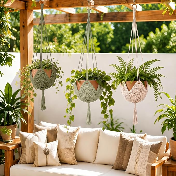 Shappy 3 Pack Boho Macrame Plant Hanger, Large Hanging Planter Plant Holder Pot Hanger Hanging Basket Wall Planters, Plants Lover Gift for Indoor Garden (Classic,Avocado Green,Bean Green,Cream)