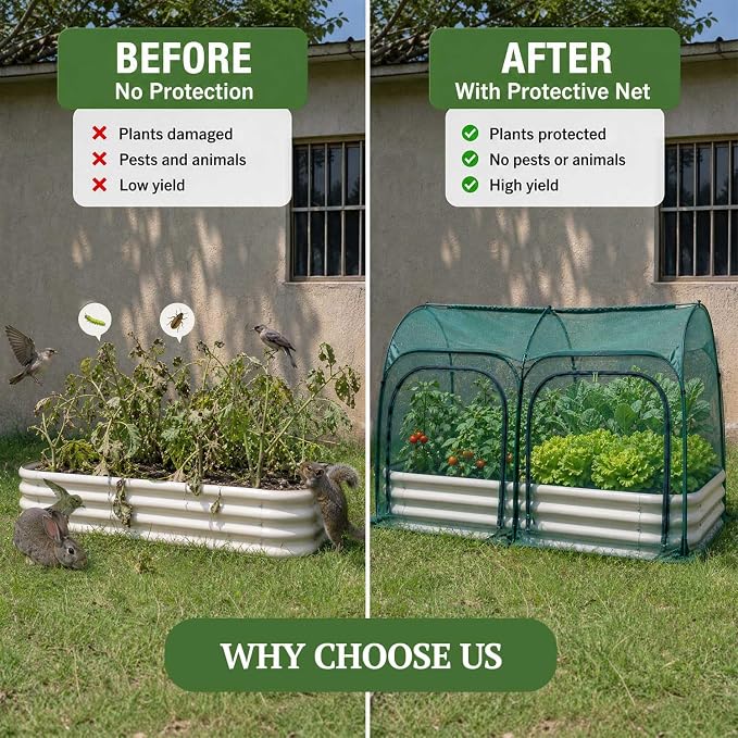 PORAYHUT All-in-One Raised Garden Bed and Crop Cage Kit, Metal Outdoor Planter Box with Protective Mesh Greenhouse Cover for Backyard Vegetables, Herbs, Flowers and Patio Gardening