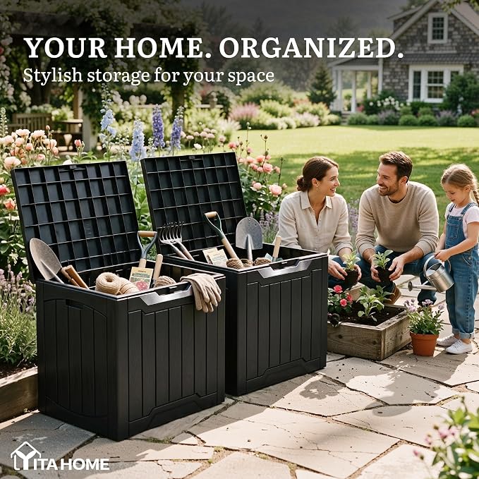 YITAHOME 31 Gallon Deck Boxes Set of 2 | Lockable Outdoor Storage Bins with Silver Decorative PVC Trim Panels for Patio Cushions, Garden Tools, Weather-Resistant