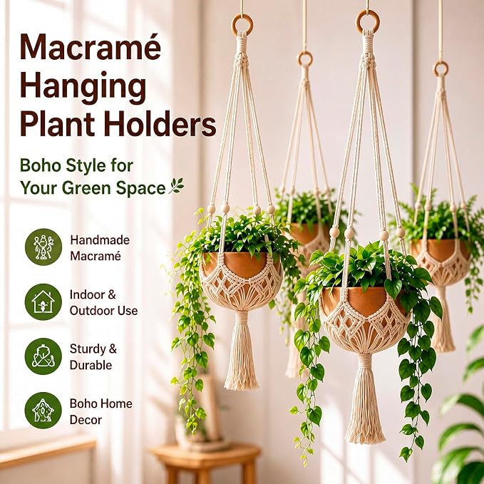 Shappy 2 Pack Boho Macrame Plant Hanger, Large Hanging Planter Plant Holder Pot Hanger Hanging Basket Wall Planters, Plants Lover Gift for Indoor Garden (Wooden Ring and Wooden Beads,White)
