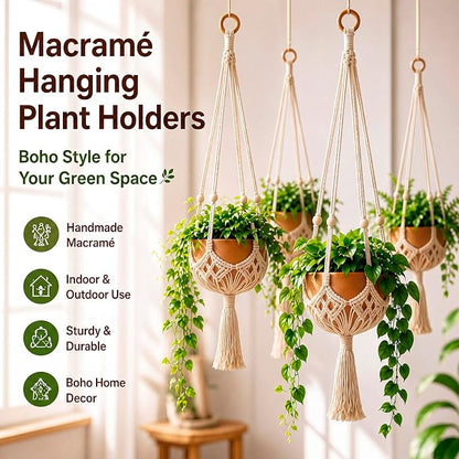 Shappy 2 Pack Boho Macrame Plant Hanger, Large Hanging Planter Plant Holder Pot Hanger Hanging Basket Wall Planters, Plants Lover Gift for Indoor Garden (Wooden Ring and Wooden Beads,White)