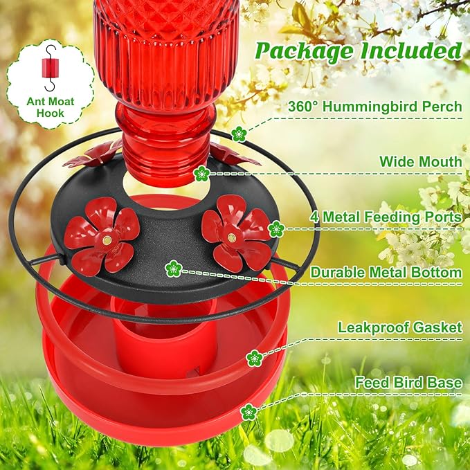 FEED GARDEN Glass Hummingbird Feeder for Outdoors Hanging, 16 oz Leak-Proof Nectar Feeder with Bee Guards & Ant Moat, 4 Metal Flower Feeding Ports, 360° Perch Ring, Easy Refill & Clean, Red
