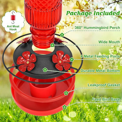 FEED GARDEN Glass Hummingbird Feeder for Outdoors Hanging, 16 oz Leak-Proof Nectar Feeder with Bee Guards & Ant Moat, 4 Metal Flower Feeding Ports, 360° Perch Ring, Easy Refill & Clean, Red