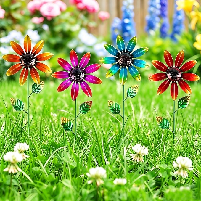 DETENE Metal Flower Garden Stakes Set of 4 Outdoor Flower Yard Decor Multicolor Lawn Flower Stakes for Spring Patio Pathway Garden Decoration Rustproof Metal Garden Art Decor