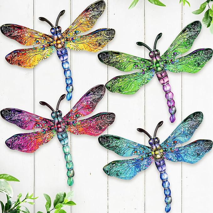 SUNREEK Metal Dragonfly Wall Decor - 9.6" Outdoor Fence Wall Art, Hanging Decorations for Garden Yard Patio Room Decorations, 4 Pack (Color-3)