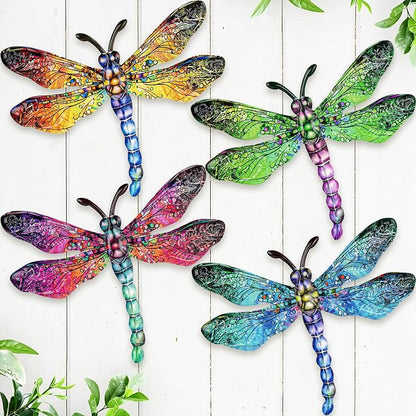 SUNREEK Metal Dragonfly Wall Decor - 9.6" Outdoor Fence Wall Art, Hanging Decorations for Garden Yard Patio Room Decorations, 4 Pack (Color-3)
