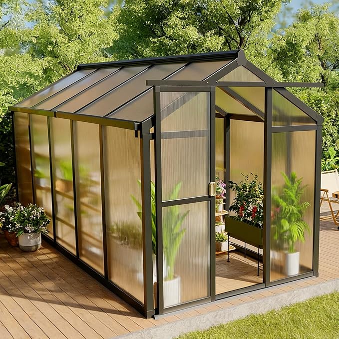 6x10 FT Greenhouse, Outdoor Sliding Door, Polycarbonate Greenhouse with Aluminum Frame, Lockable Door and Ajustable Roof Vent for Backyard, Outside Garden Backyard, Patio, Black
