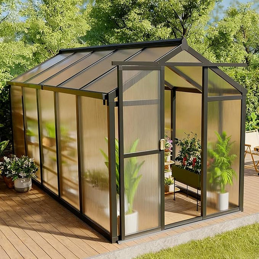 6x10 FT Greenhouse, Outdoor Sliding Door, Polycarbonate Greenhouse with Aluminum Frame, Lockable Door and Ajustable Roof Vent for Backyard, Outside Garden Backyard, Patio, Black