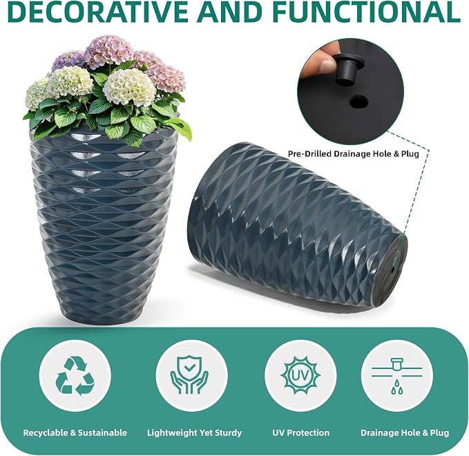 2-Pack 19" Glossy Navy Blue Resin Tall Planters with Wave Texture | Set of 2 resin tall planters with glossy navy blue wave texture, drainage plugs, and UV-resistant finish for porch or patio