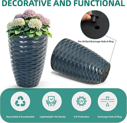 2-Pack 19" Glossy Navy Blue Resin Tall Planters with Wave Texture | Set of 2 resin tall planters with glossy navy blue wave texture, drainage plugs, and UV-resistant finish for porch or patio
