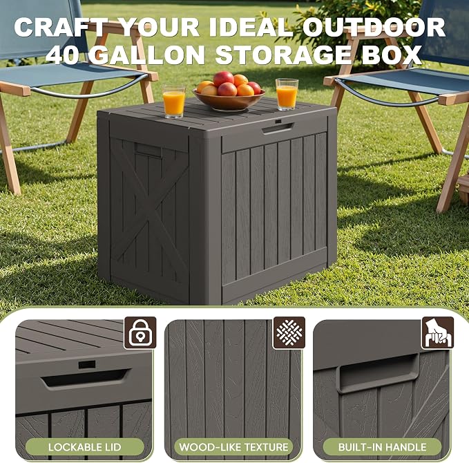 Greesum 40 Gallon Resin Deck Box, Outdoor Storage for Patio Furniture, Garden Tools, Pool Supplies, Weatherproof and UV Resistant, Lockable, Brown