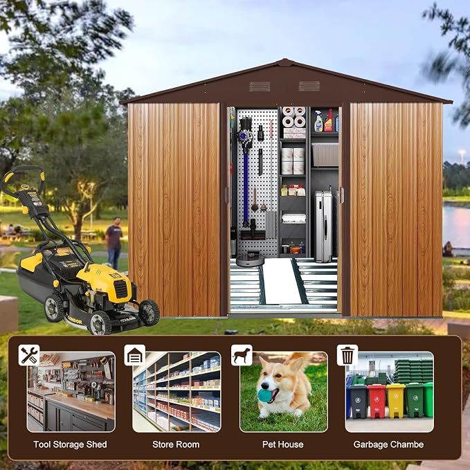 YOPTO 10×8 FT Outdoor Metal Storage Shed with Floor Base,Heavy Duty Garden Shed W/Integrated Punched Vents and Sliding Doors & Padlock,Large Waterproof Storage House for Backyard,Lawn,Coffee