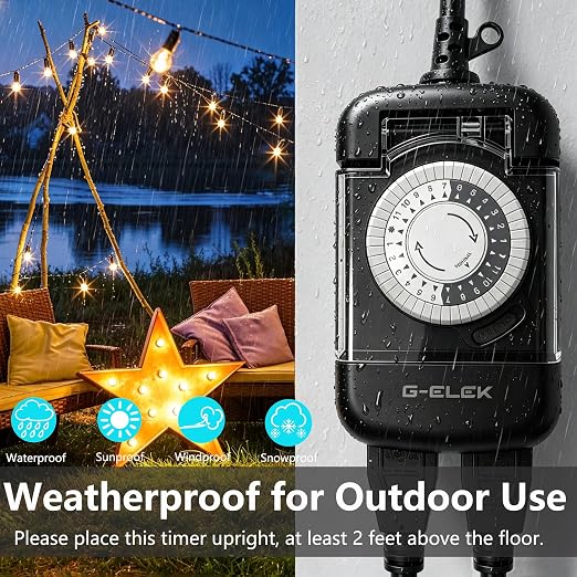 G-ELEK Outdoor Mechanical Timer Plug Waterproof, 24 Hour Daily Cycle, 30 Minute, 3 Prong Grounded 2 Outlets, Heavy Duty Programmable Socket for Christmas Patio Yard Pool Pump, ETL Listed