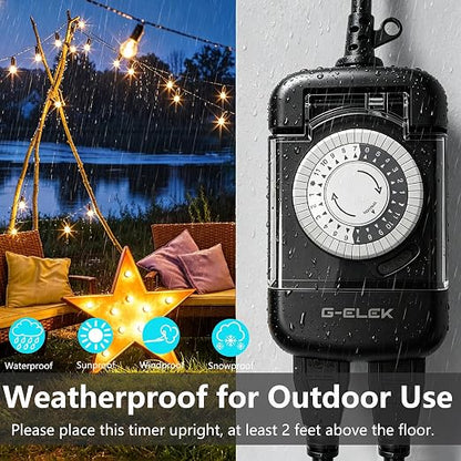 G-ELEK Outdoor Mechanical Timer Plug Waterproof, 24 Hour Daily Cycle, 30 Minute, 3 Prong Grounded 2 Outlets, Heavy Duty Programmable Socket for Christmas Patio Yard Pool Pump, ETL Listed