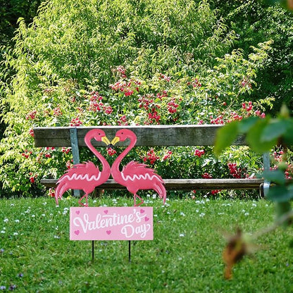 hogardeck Valentines Day Decorations Outdoor, Metal Flamingos Decorative Garden Stakes for Valentines Decor, Valentine's Day Yard Sign for Home Outside Lawn Porch Anniversary Wedding Party