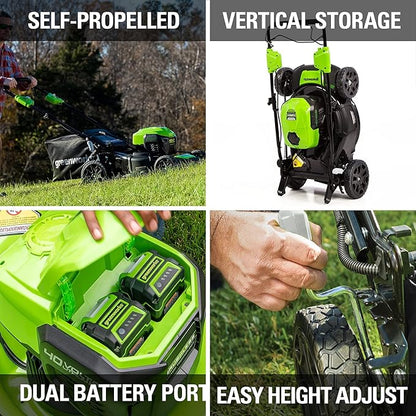 Greenworks 40V 21" Brushless Cordless Self-Propelled Electric Lawn Mower, String Trimmer, 5.0Ah Battery and Charger