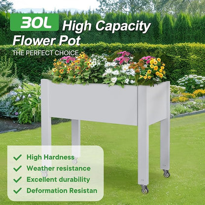 PatioZen Raised Garden Bed with Legs, 28.9" Tall Self-Watering Raised Planter Box with Lockable Wheels, Drainage Plug and Gauge for Vegetables Flowers, Rustproof Resin for Backyard Patio (Ashen)