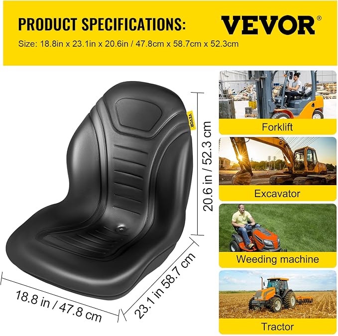 VEVOR Universal Tractor Seat Replacement 2 Pcs Compact High Back Mower Seat, Black Vinyl Forklift Seat, Central Drain Hole Skid Steer Seat with Mounting Bolt Patterns of 8" x 11.5" & 11.25" x 11.5"