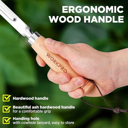 WORKPRO Crack Weeder, 12" Stainless Steel Crevice Weeding Tool Weeder Tool | Beech Wood Handle, L-Shaped Side-Walk Weed Puller Spatula, for Garden Lawn Yard Patio Terrace Paving Moss