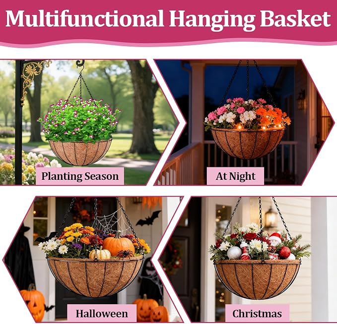 Halatool 20 Inch Large Hanging Baskets Planters for Outdoor Plants, 2 Pack | Metal Outdoor Hanging Baskets with Coco Liner, Round Hanging Flower Pot for Plants Flowers Garden Decorations