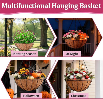 Halatool 20 Inch Large Hanging Baskets Planters for Outdoor Plants, 2 Pack | Metal Outdoor Hanging Baskets with Coco Liner, Round Hanging Flower Pot for Plants Flowers Garden Decorations
