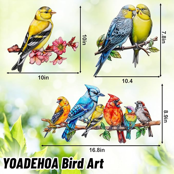 YOADEHOA Metal Wall Art Decor Birds on Branch, 3D Colorful Bird Outdoor Hanging Wall Art Patio Fence Decorations, Hummingbird Wall Sculptures for Indoor Outdoor Garden (Birds C)