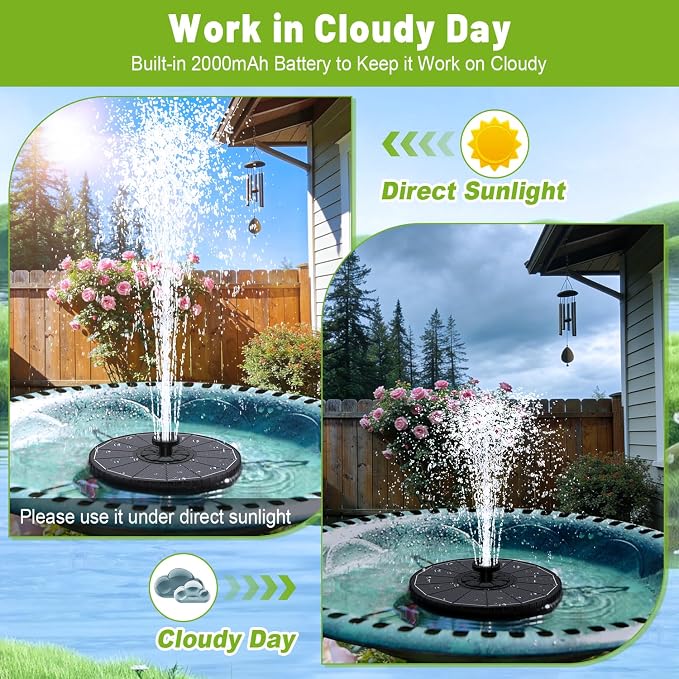 Solar Fountain with 3 Spray Height, Works in Shade, 3.5W Glass Solar Bird Bath Fountains with 2000mAh Battery and 4 Rotating Rods, 7 Nozzles, Outdoor Water Fountain Pump for Garden, Pool, Pond
