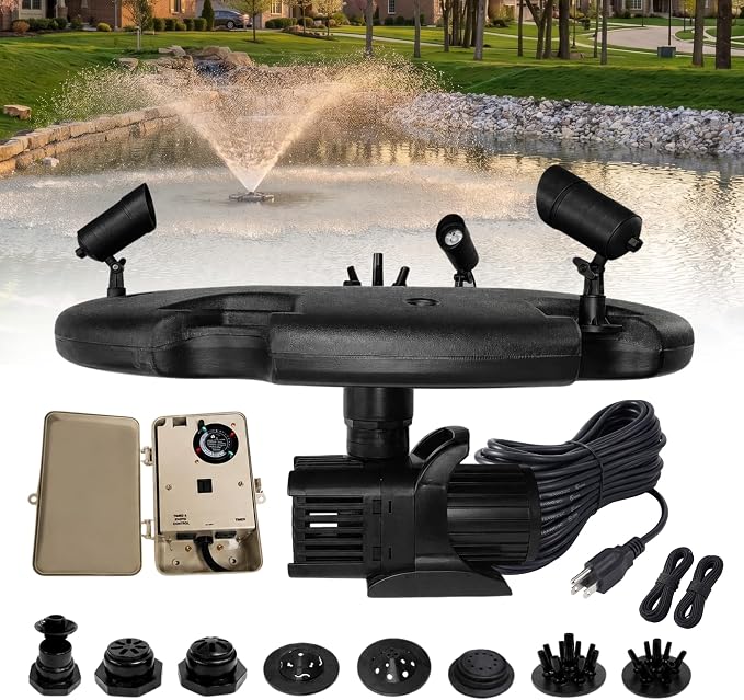 Half Off Ponds 1.2 HP Floating Fountain & Aerator | 10,000 GPH output, 11 spray patterns, Color-changing LED lights, Control box included, 100 ft cord