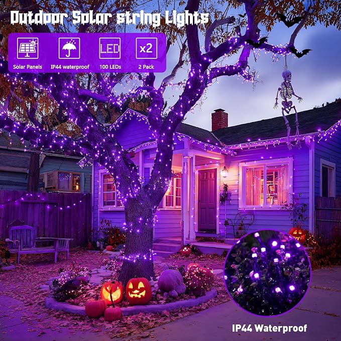 JMEXSUSS 2 Pack Solar Halloween Lights, Total 66 FT 200 LED, Purple | Outdoor Waterproof, 8 Modes Solar String Lights for Outside Patio Christmas Tree Garden Yard Halloween Decorations
