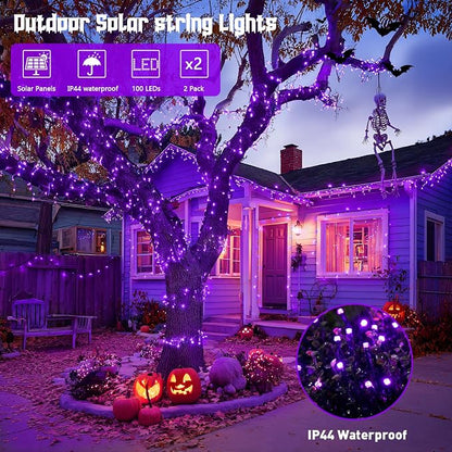 JMEXSUSS 2 Pack Solar Halloween Lights, Total 66 FT 200 LED, Purple | Outdoor Waterproof, 8 Modes Solar String Lights for Outside Patio Christmas Tree Garden Yard Halloween Decorations