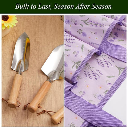 VerdantVibes Gardening Tool Set - 10 Piece Stainless Steel Garden Tools with Wood Handle, Pruners & Purple Lavender Print Tote Bag - Heavy Duty Gardening Gifts for Women Mom & Purple Lovers