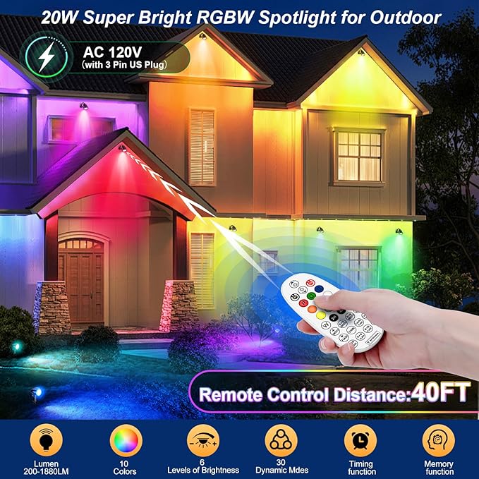 20W RGBW Outdoor LED Landscape Lighting, Color Changing Spotlight with Remote, 1880LM IP66 Waterproof Spot Lights for Yard Garden Pathway Christmas Decoration, 120V Plug in US Cord, 2 Pack