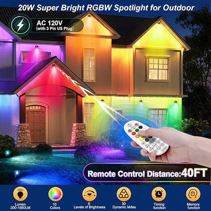 20W RGBW Outdoor LED Landscape Lighting, Color Changing Spotlight with Remote, 1880LM IP66 Waterproof Spot Lights for Yard Garden Pathway Christmas Decoration, 120V Plug in US Cord, 2 Pack