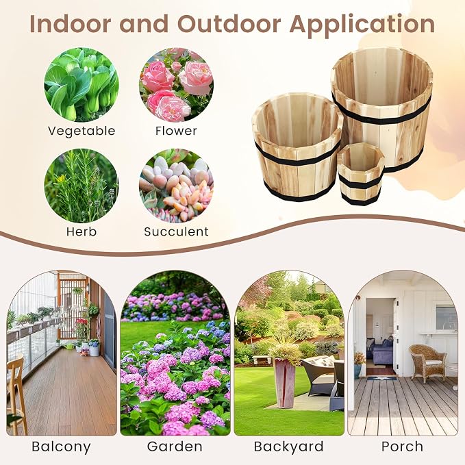 HAPPYGRILL Wooden Plant Pots, 3 Solid Acacia Wood Whiskey Barrel Planters w/Drainage Holes for Flower Herb Shrub, Multi Sizes Indoor Outdoor Patio Planting Flower Pots Home Decoration