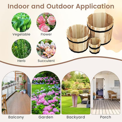 HAPPYGRILL Wooden Plant Pots, 3 Solid Acacia Wood Whiskey Barrel Planters w/Drainage Holes for Flower Herb Shrub, Multi Sizes Indoor Outdoor Patio Planting Flower Pots Home Decoration